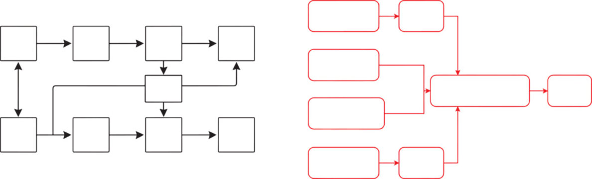 Blank flowchart templates with black and red boxes and directional arrows for business process mapping and workflow design