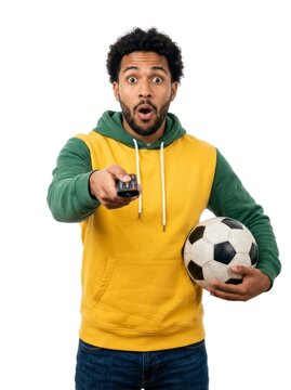 Excited football supporter holding soccer ball and pointing remote control against white backdrop for streaming service advertising