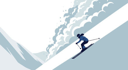 Vector illustration of a skier speeding down a snowy mountain slope with a massive snow avalanche chasing close behind © Purnomo Semlirick
