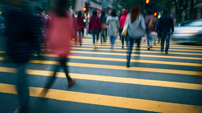 A dynamic view of an urban pedestrian crossing at a busy street intersection with vibrant colors and motion blur