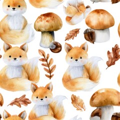 Obraz premium Cute fox pattern with mushrooms and autumn leaves, woodland theme, playful nursery illustration, charming animal design. SEAMLESS PATTERN