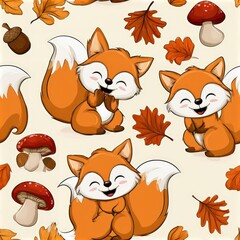 Obraz premium Cute fox pattern with mushrooms and autumn leaves, woodland theme, playful nursery illustration, charming animal design. SEAMLESS PATTERN