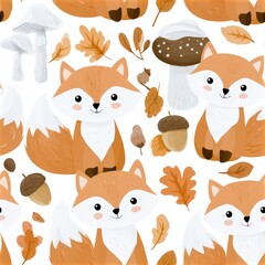 Fototapeta premium Cute fox pattern with mushrooms and autumn leaves, woodland theme, playful nursery illustration, charming animal design. SEAMLESS PATTERN
