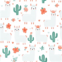 Fototapeta premium Cute llama and cactus pattern in soft pastel tones, playful nursery theme, whimsical animal illustration. SEAMLESS PATTERN