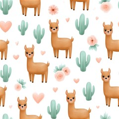 Fototapeta premium Cute llama pattern with cacti and pastel accents, playful desert theme, nursery illustration, child friendly design. SEAMLESS PATTERN