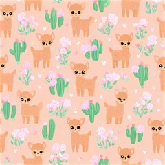 Fototapeta premium Cute llama pattern with cacti and pastel accents, playful desert theme, nursery illustration, child friendly design. SEAMLESS PATTERN