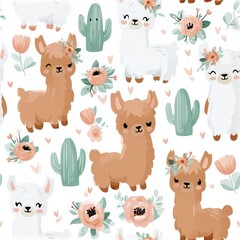 Fototapeta premium Cute llama and cactus pattern in soft pastel tones, playful nursery theme, whimsical animal illustration. SEAMLESS PATTERN