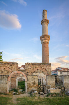 Ruins of Ottoman Mosque with Standing Minaret at Golden Hour -Prilep, North Macedonia