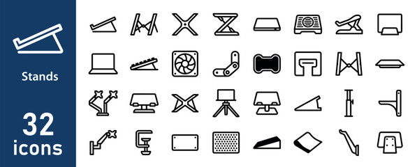 Laptop and device stands vector icon pack. Ergonomic and adjustable holders for workspace in outline style. © liubomir118809