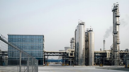 Obraz premium Modern industrial factory with large metallic storage tanks and connecting piping against cloudy sky