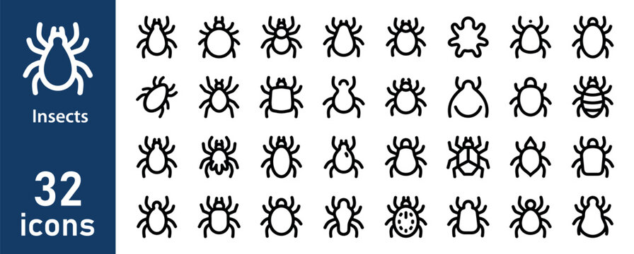 Insects and bugs vector icon pack. Various invertebrate creatures and pest symbols in outline style.