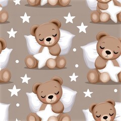 Fototapeta premium Cute teddy bear pattern with stars on a soft background, cozy nursery theme, child friendly illustration. SEAMLESS PATTERN