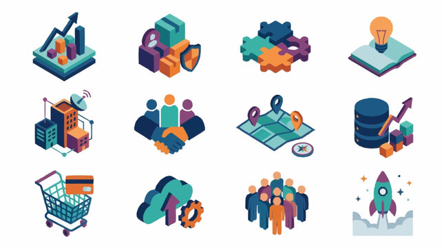 Colorful isometric icons for business and technology concepts.