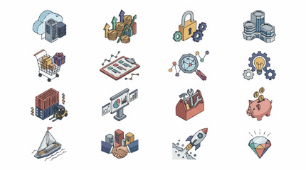 Fototapeta premium Colorful Isometric Business and Technology Icons Collection.