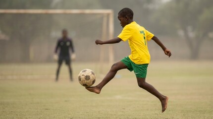 Naklejka premium Young footballer juggling ball barefoot on rural pitch with cinematic haze for sports charity marketing