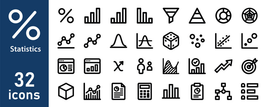 Statistics and Financial Data Line Icons Set. Collection of Percentage, Graphs, and Analytical Vector Outline Icons.