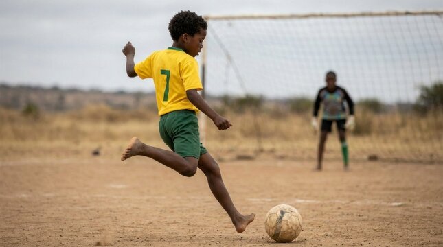 African boy soccer player kicking ball barefoot on dirt field pitch in sharp focus action shot for non-profit humanitarian marketing