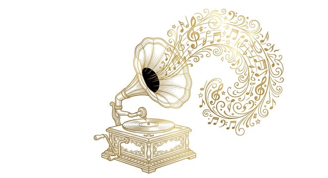 Vintage Gramophone Illustration with Floral Design Elements