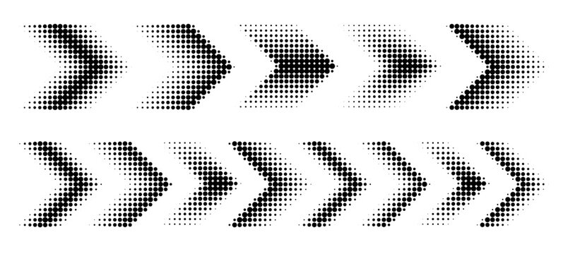 Dotted arrows and chevrons with halftone pattern. Vector graphic icons showing direction, movement, and navigation in abstract geometric style with gradient effects.