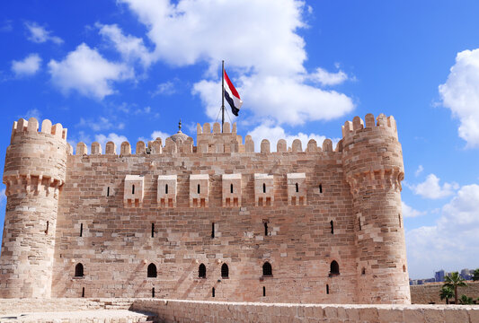 Citadel of Qaitbay (15th-century fort), Alexandria, Egypt, Africa. Famous landmark Fort of Qaitbay (Bey Citadel), located on Mediterranean sea coast. Topic of vacation, travel, trip abroad, cruises