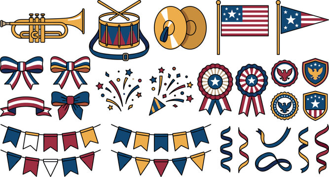 American patriotic parade celebration items independence day decorative ornaments flat color icon set in image_34e201.png