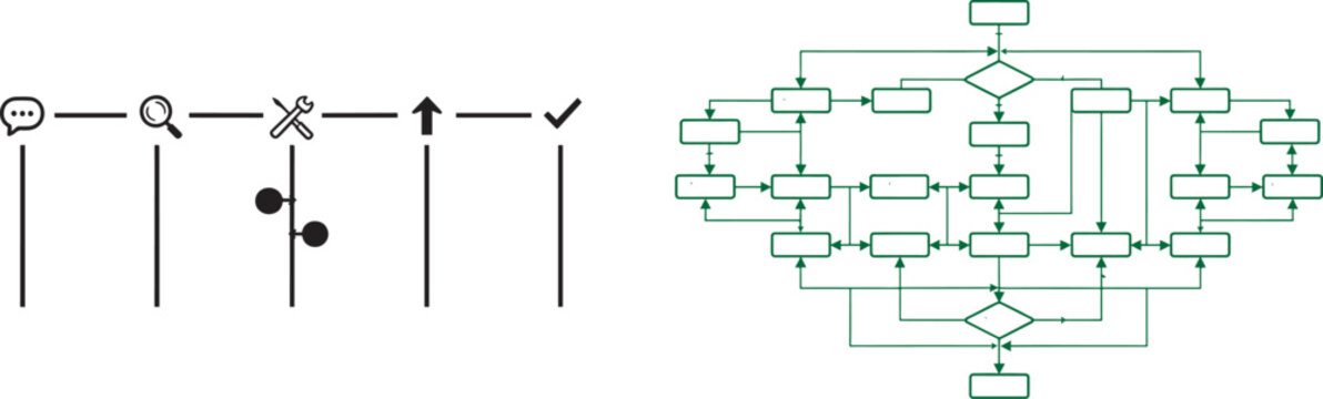 Flowchart diagram and linear process timeline vector template for business workflow and system algorithm