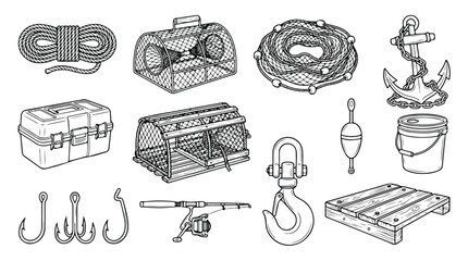 Vintage fishing equipment vector set, nautical marine gear icons, hand drawn line art of lobster traps and anchor, commercial fishing tools © Sidra