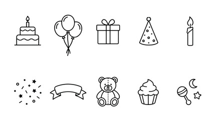 Minimalist birthday party line icons, 10 celebration vector elements, black and white holiday symbols for greeting cards and event planning © Sidra