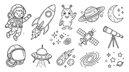Outer space coloring page vector set, cute astronaut and rocket ship doodles, black and white galaxy icons for kids education © Sidra