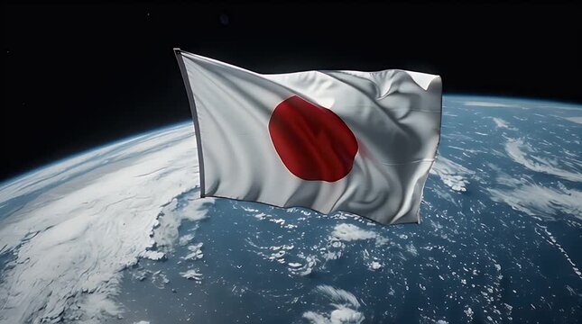 Flag in Space Japanese Flag Flying Above Earth