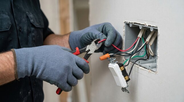 An electrician cuts and connects electrical wires while installing a switch during electrical work. The scene highlights careful cable handling and proper installation procedures to ensure safe.