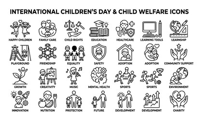 Fototapeta premium Creative International Children's Day outline vector icon set with child rights and parenthood symbols