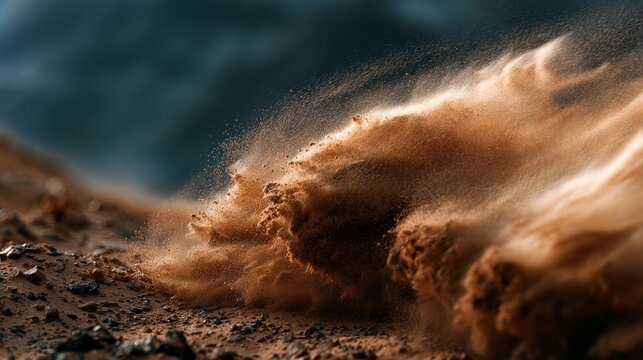 Dynamic sandstorm blowing across arid desert landscape with dark sky