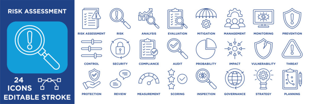 Risk Assessment icon collection set. Containing control, security, compliance, audit, probability, impact, vulnerability, threat, protection, review. line vector.