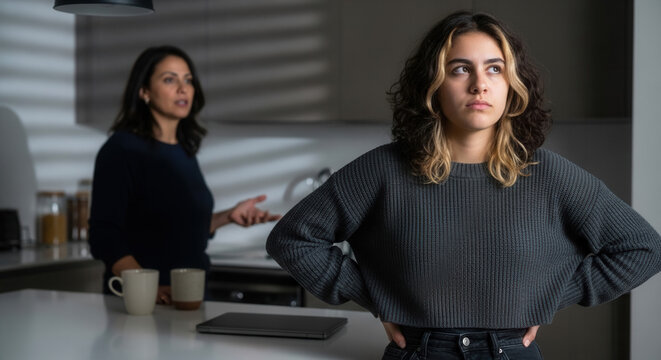 South American teenage daughter rolling eyes during speech of conflict mother in modern kitchen, family tension and adolescent rebellion