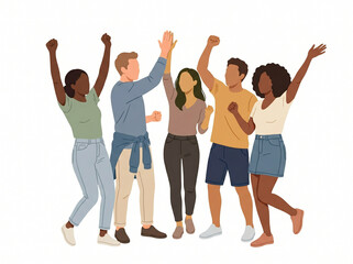 Fototapeta premium diverse group of happy friends cheering and celebrating success outdoors on a clean white background 