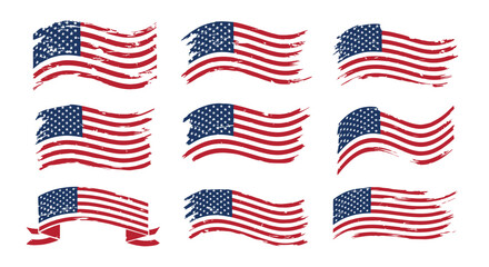 Vintage American flag vector set, distressed USA flags with grunge texture, 9 waving United States flag icons for patriotic holidays and national events © FATEMA