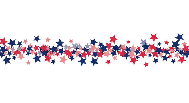 Patriotic red and blue stars confetti border, American flag colors star pattern vector, festive fourth of july holiday background decoration