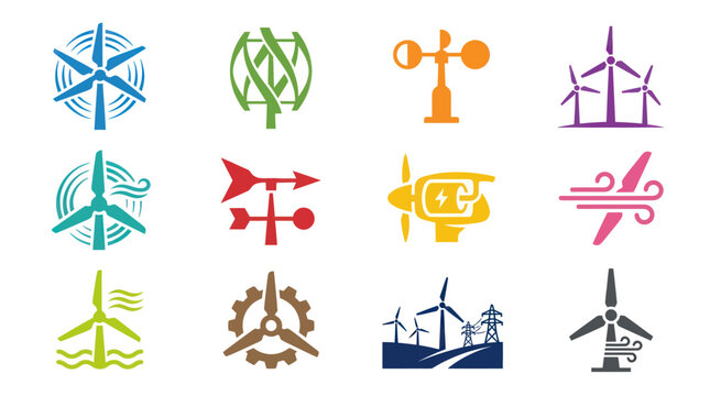 Wind Energy Icons Set: Wind Turbines, Weather Vane, Anemometer, Flat Design