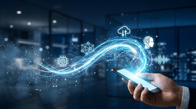 Futuristic digital technology concept with smartphone, glowing blue light trails emerging from mobile phone, artificial intelligence and cloud computing icons
