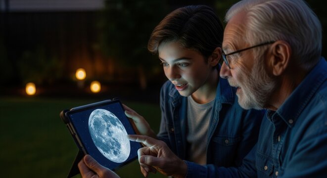 Young and elderly men exploring space images on tablet outdoors at night, curiosity and discovery mood