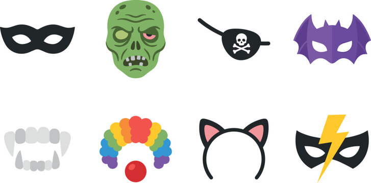 Halloween costume masks spooky props and festive party dress up elements flat vector icon set in image_0bf119.png