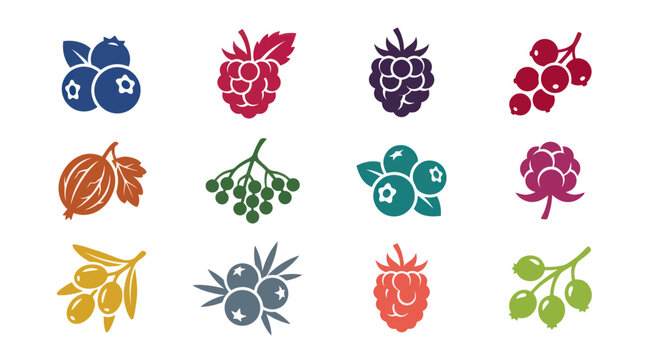 Flat Icons of Various Berries and Fruits in Different Colors