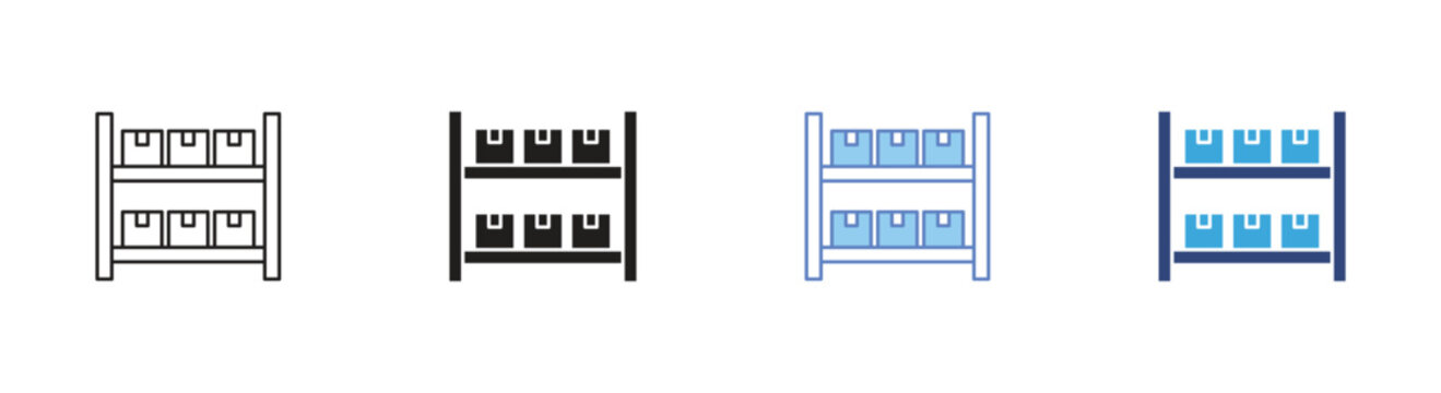 Storage rack icon set, Warehouse shelving symbols, Inventory storage vector icons, Logistics rack signs, Stocked shelf vector icons