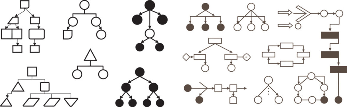 Vector flowchart and diagram icons set with organizational charts process flows and mind map structures for business presentation