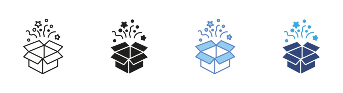 Open box with stars icon set, Surprise and celebration symbols, Gift unboxing vector icons, Happy reveal signs, Celebration packaging vector icons