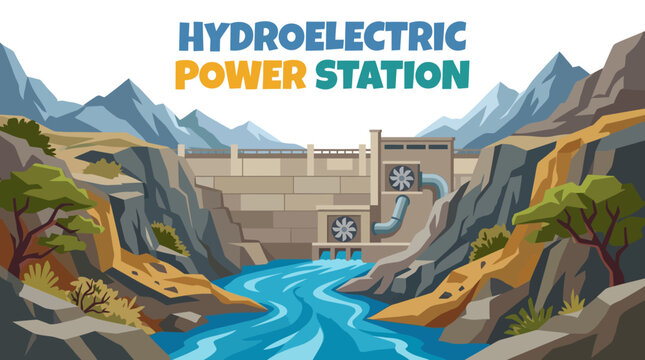 hydroelectric power station cartoon with massive dam flowing river turbines and water management systems