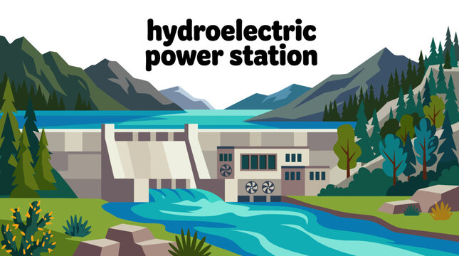 hydroelectric power station cartoon with massive dam flowing river turbines and water management systems
