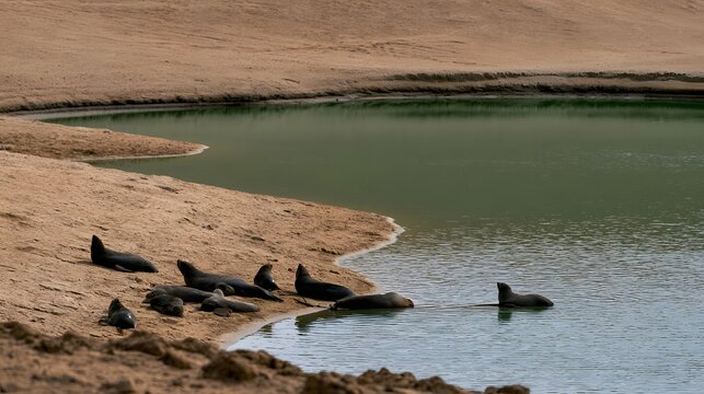 An elusive seal is gathered at a serene watering hole capturing a moment of minimalist warmth in the natural environment