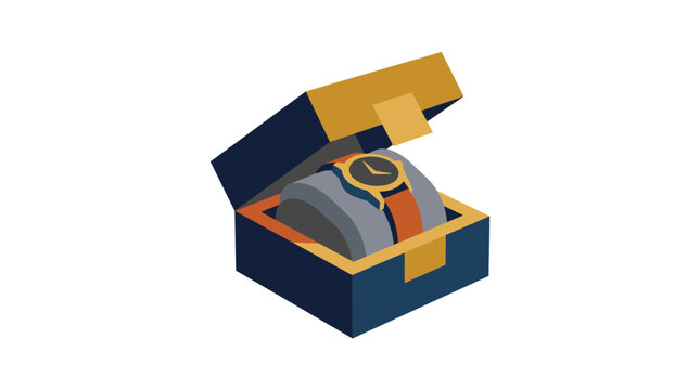 3d isometric wristwatch inside elegant open gift box icon for luxury accessories or premium timepiece branding concepts